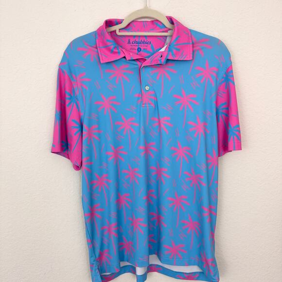 Chubbies Men Polo Shirt Sz S Tropical Palm Vacation Summer Lightweight Pink Blue - Picture 1 of 9